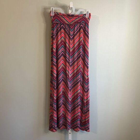 Pink Orange Pattern Maxi Skirt with Fold Over Waist - Picture 1 of 3
